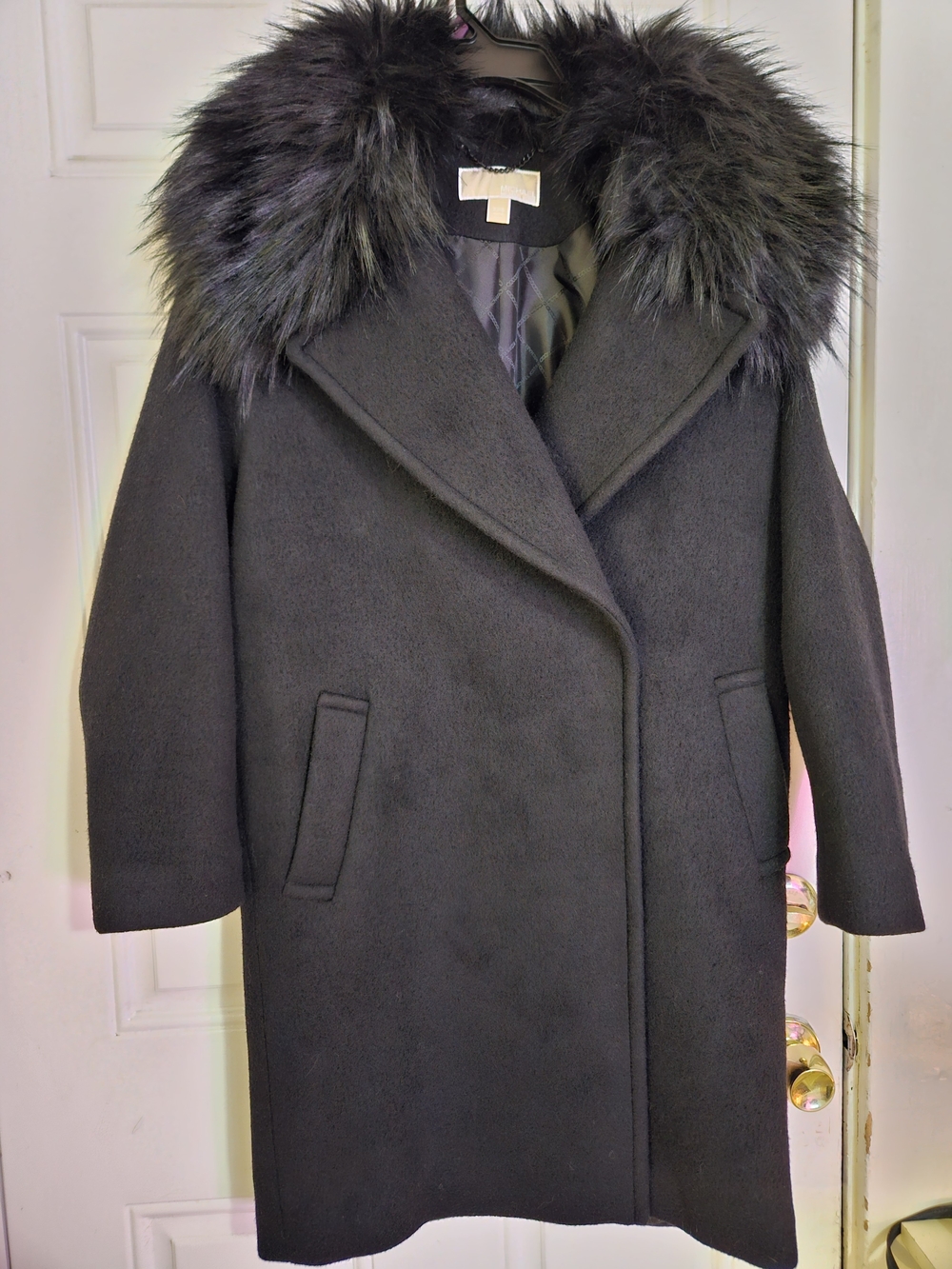 Michael Kors Black Wool-Blend Coat with Faux Fur Collar